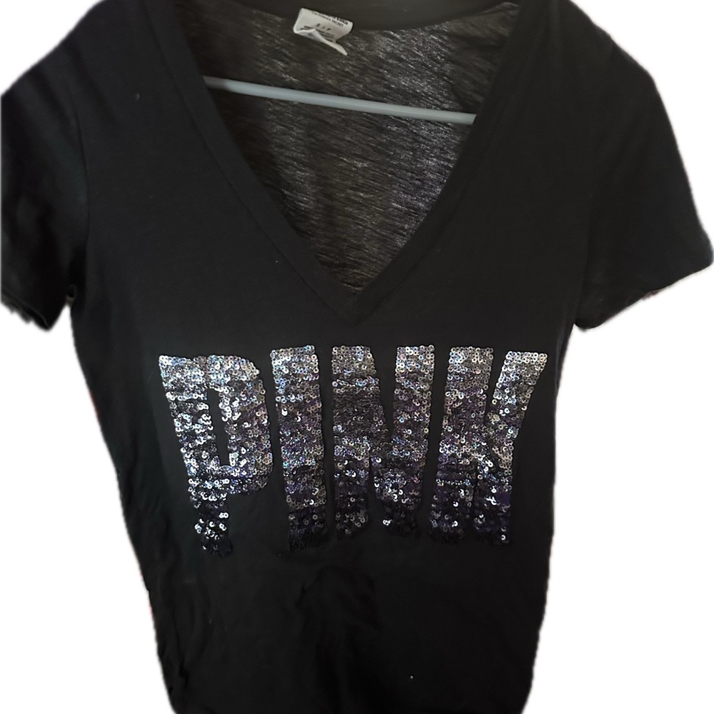 PINK Victoria's Secret Black Tee with Silver Sequin Logo